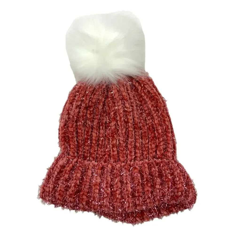BP Faded Rose Metallic Sparkle Faux Fur Pom Pom Beanie One Size NWT